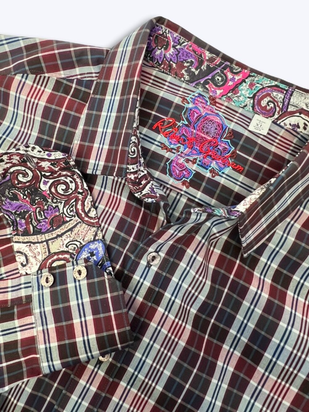 Robert Graham Mens XL Shirt Maroon Navy Plaid Classic Fit Paisley Flip Cuffs LS